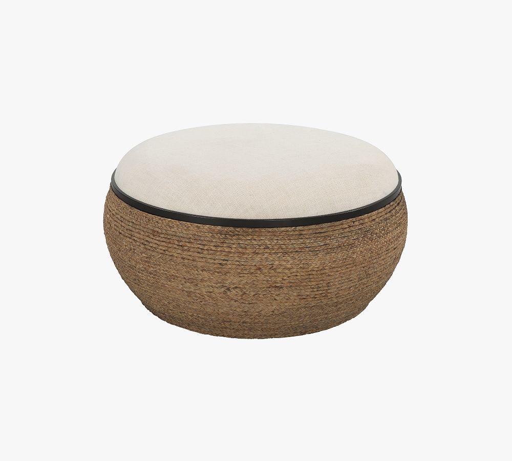 36" Beige Braided Straw Round Cocktail Ottoman