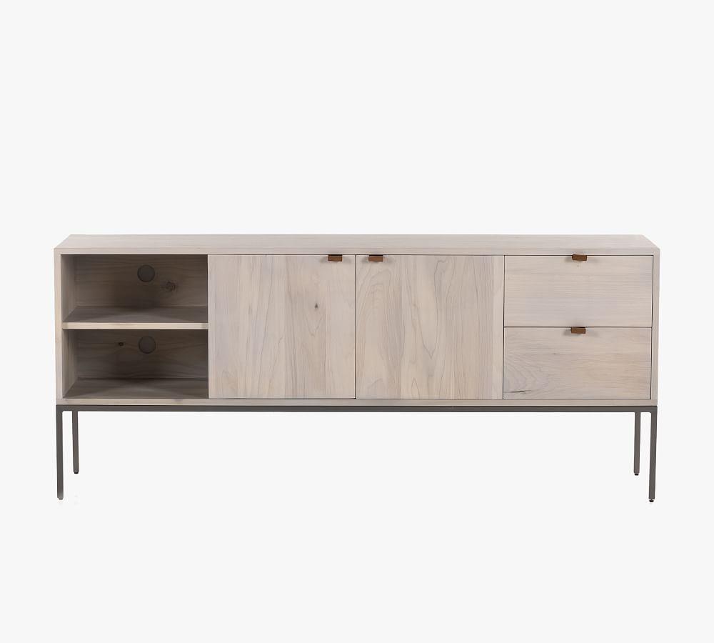 Modern White Wood & Metal Media Console with Leather Pulls