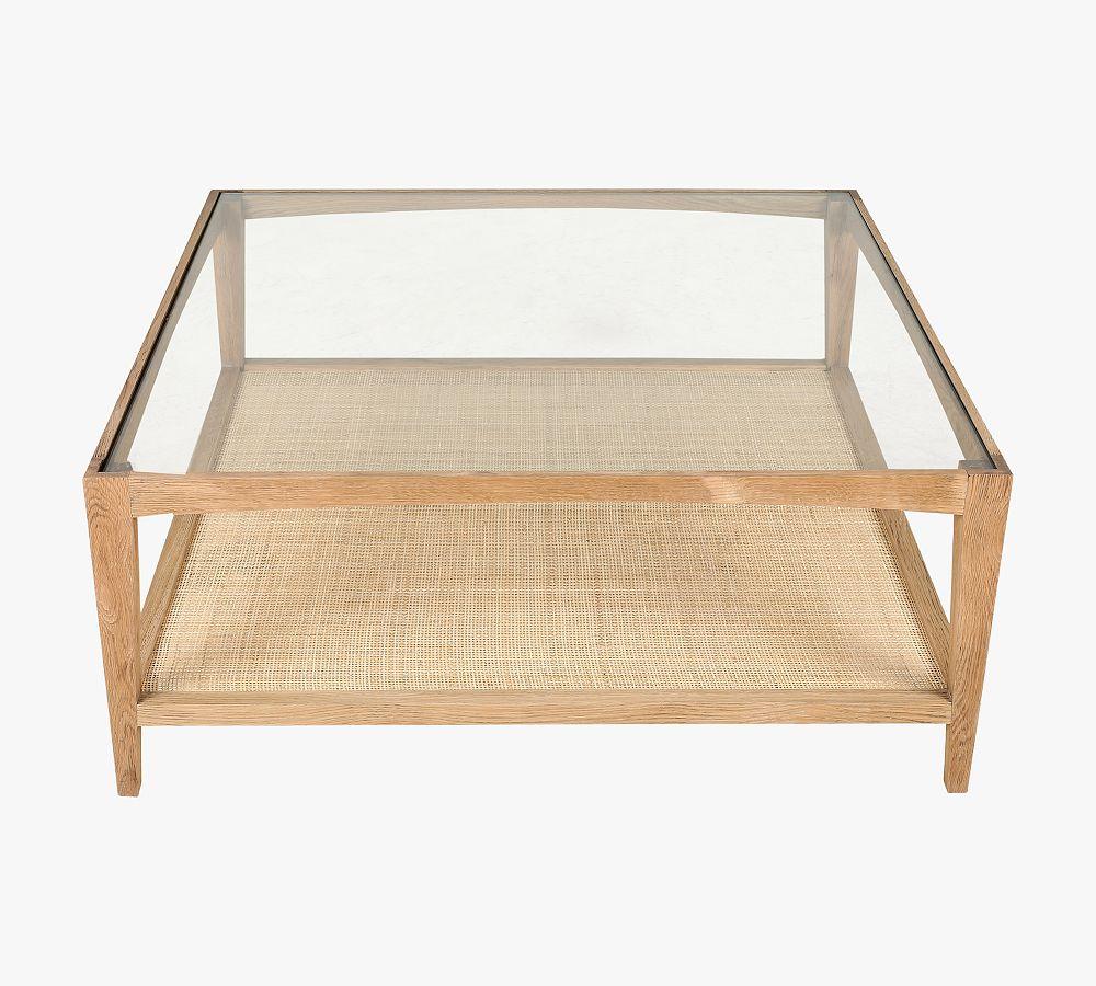 Natural Oak and Glass Square Coffee Table with Cane Shelf