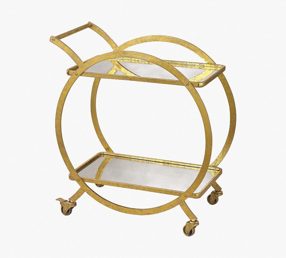 Elegant Distressed Gold Rectangular Bar Cart with Antiqued Mirror Shelves