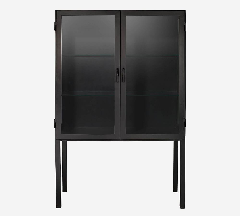 Lomita Minimalist Black Iron & Clear Glass Wide Storage Cabinet