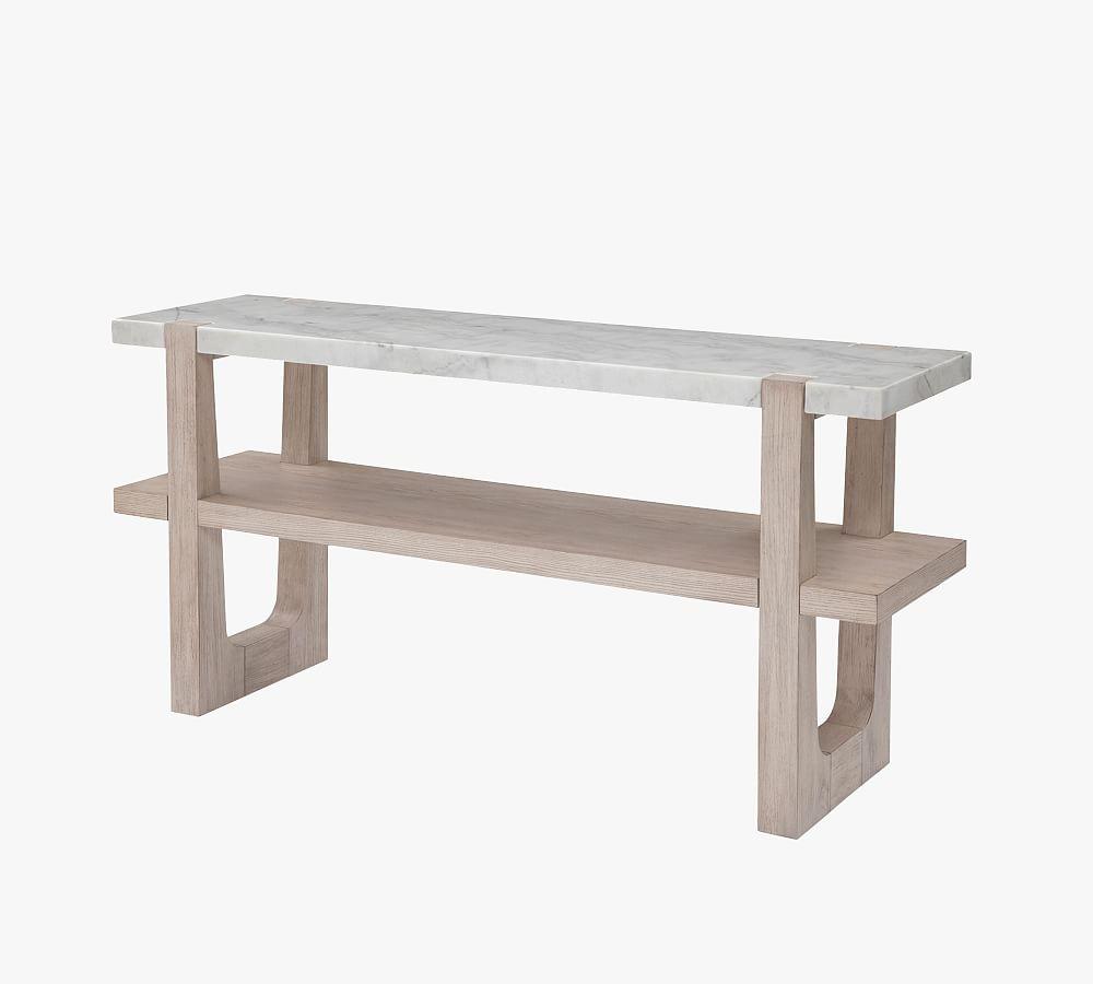 Coastal Modern Sun-Bleached Ash & White Marble Console Table with Storage