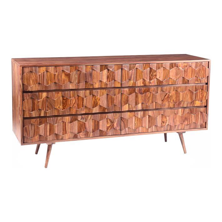 O2 Mid-Century Modern Solid Sheesham Wood 6-Drawer Dresser in Brown