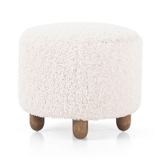 Aniston 22.5'' Ivory Sheepskin Round Ottoman with Wire-Brushed Legs