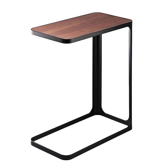 Compact C-Shaped Slim End Table with Metal Frame and Wood Top