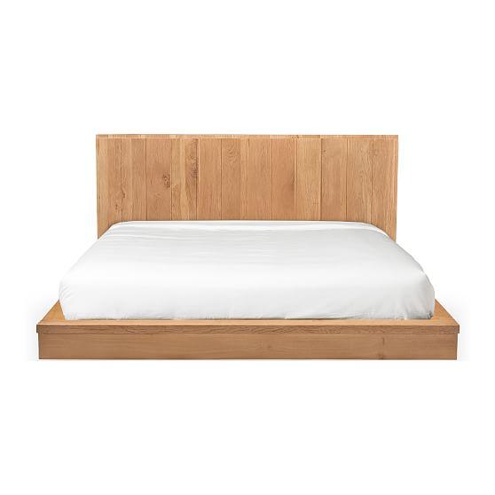 Mid-Century Modern Oak Queen Platform Bed with Slatted Headboard