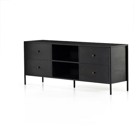 Sleek Black Iron Media Console with Bronzed Hardware and Storage