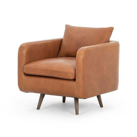 Haven Tobacco Top-Grain Leather Swivel Armchair with Solid Wood Legs