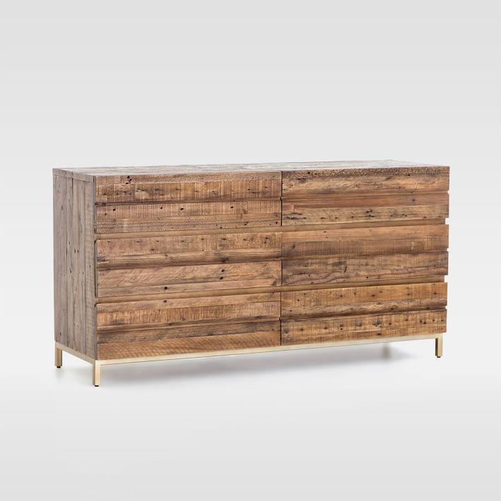 Parsons-Style Reclaimed Mixed Wood 6-Drawer Dresser with Brass Base