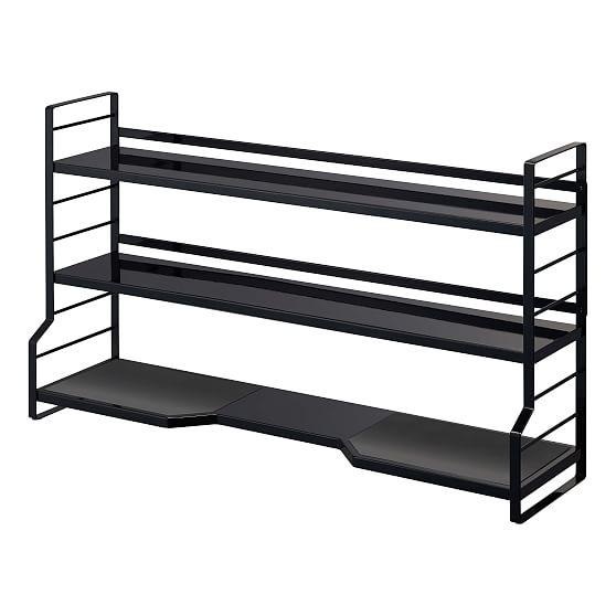 Modern Black Steel Countertop Kitchen Shelf with Gray Trivet Pads