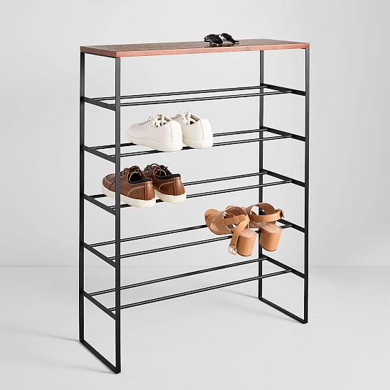 Sleek 6-Tier Black Metal Shoe Rack with Wood Top