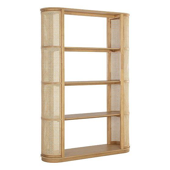 Behati Curved Cane 51.25" Bookcase in Beige Oak and Rattan