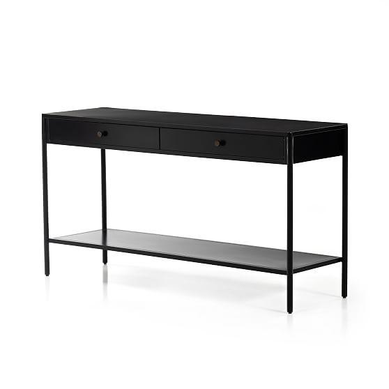 Modern Black Metal Console Table with Storage and Bronze Accents