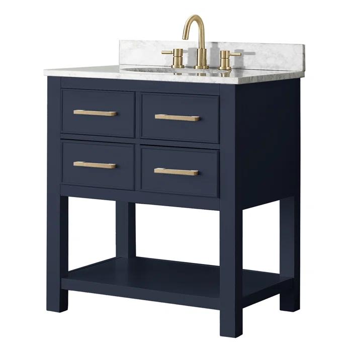 Navy Blue Solid Wood 30" Vanity with Stone Top