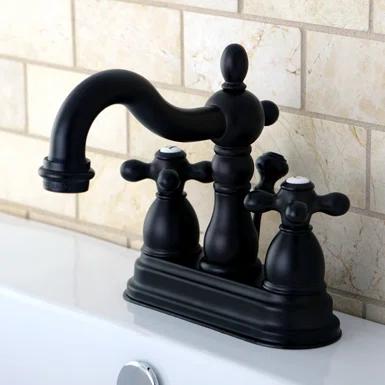 Kingston Brass Heritage Two-Handle 3-Hole Deck Mount 4" Centerset Bathroom Faucet with Plastic Pop-Up