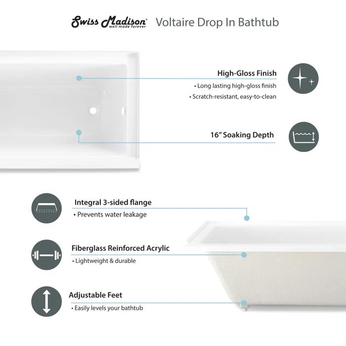 Swiss Madison SM-DB565 Voltaire 66" x 32" Alcove Bathtub
