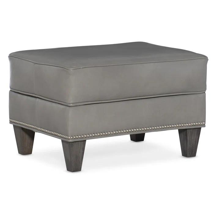 Aline Light Gray Genuine Leather Ottoman with Nickel Nailhead Detail