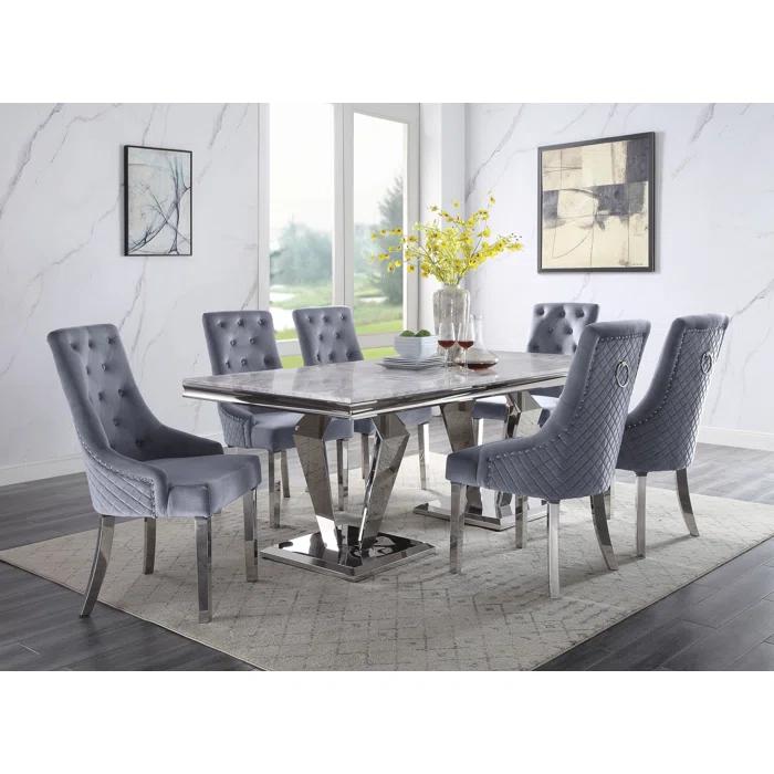 Everly Quinn Eardie Rectangular Dining Table in Light Gray and Mirrored Silver