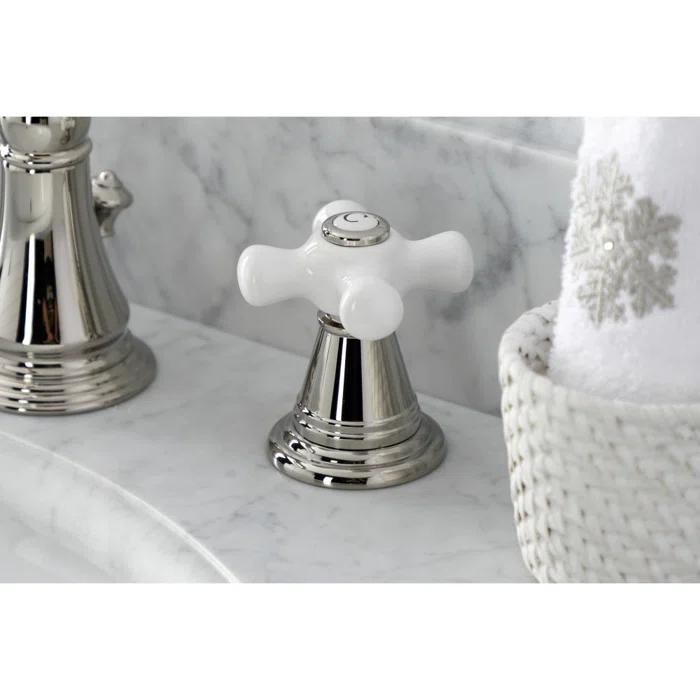 Kingston Brass American Classic Two-Handle 3-Hole Deck Mount Widespread Bathroom Faucet with Pop-Up Drain