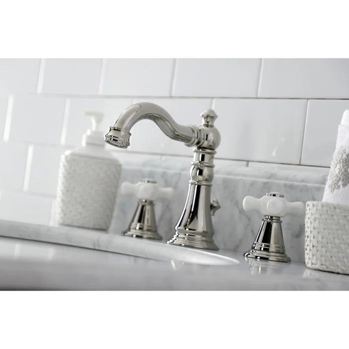 Kingston Brass American Classic Two-Handle 3-Hole Deck Mount Widespread Bathroom Faucet with Pop-Up Drain