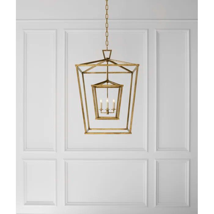 Large Gilded Iron Double Cage Chandelier with Crystal Accents