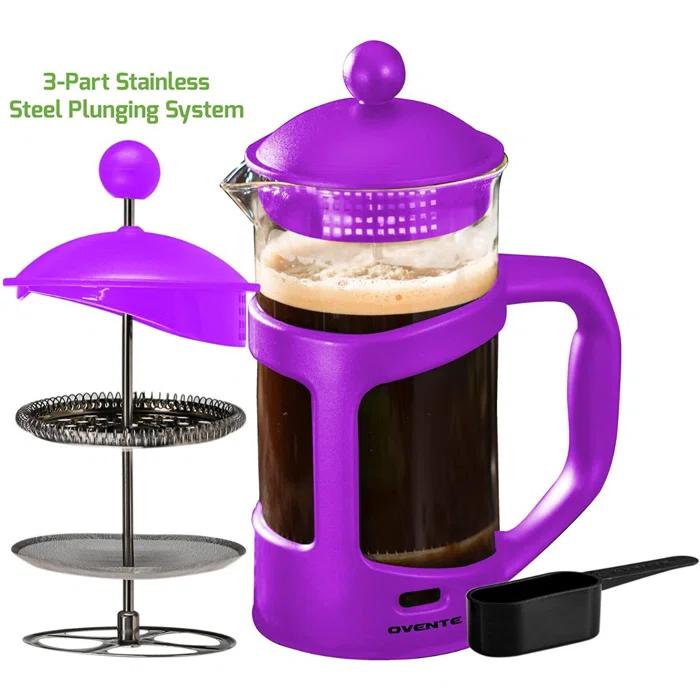 Ovente FPT34R OVENTE French Press Coffee Maker, Heat Resistant Borosilicate Glass with 4 Filter Stainless-Steel System, BPA-Free Portable Pitcher Perfect for Hot & Cold Brew