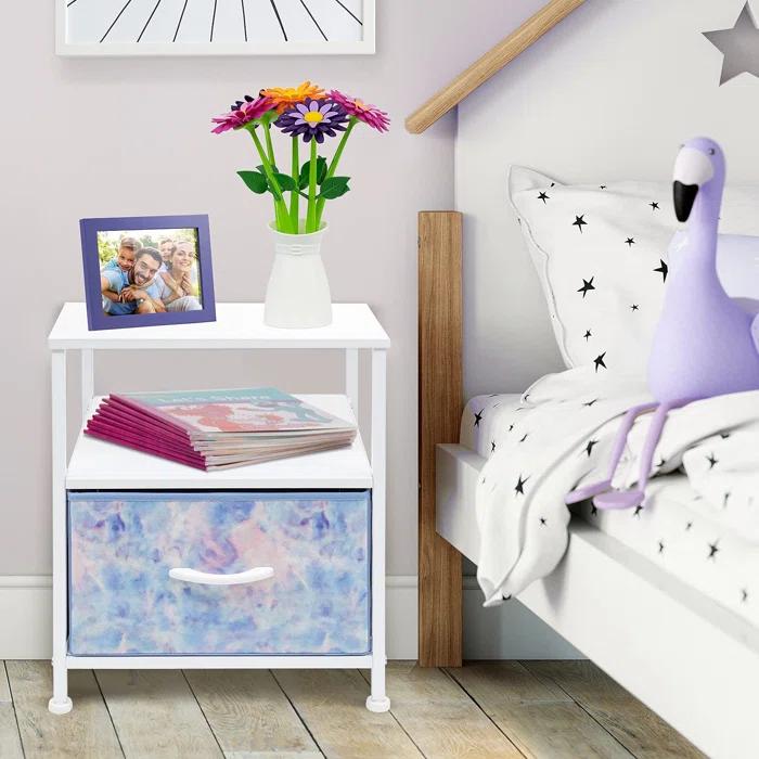 Sorbus 1 Drawer and Shelves Nightstand with Steel Frame, Wood Top & Fabric Bins in Tie Dye & Reviews | Wayfair