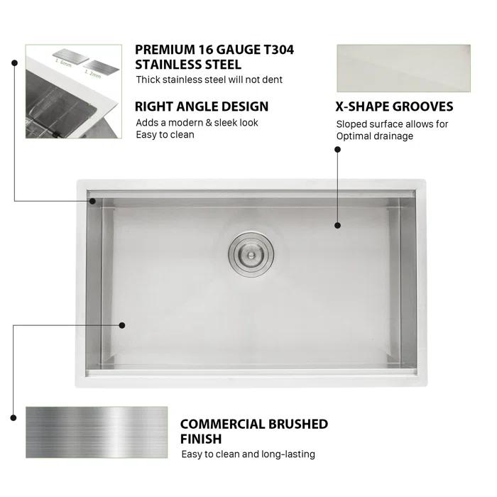 Sarlai S-LUS3319A1 33" L x 19" W Undermount Kitchen Sink Single Bowl 16 Guage Stainless Steel Workstation Sink with Accessories