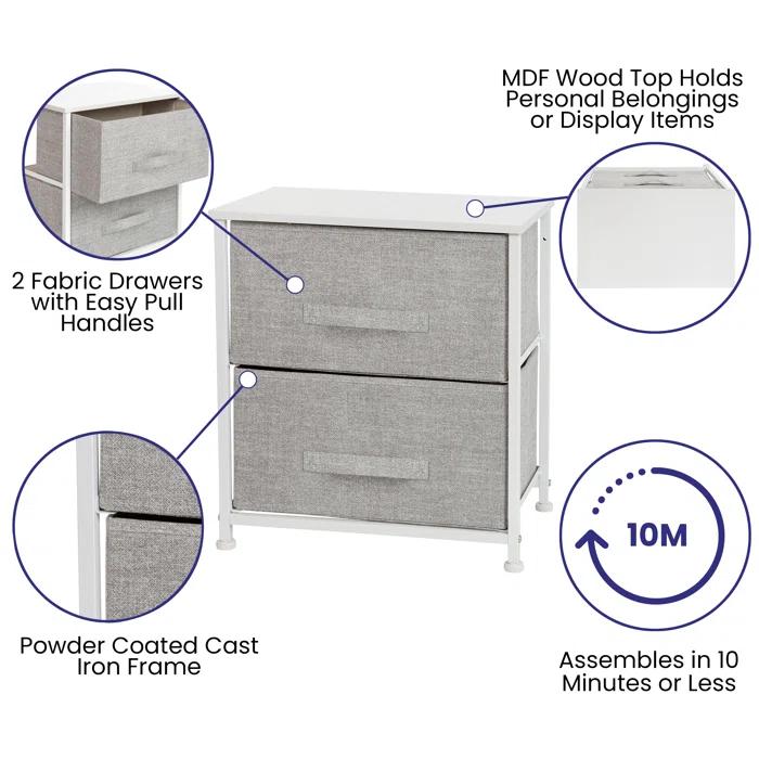Flash Furniture Malone 2 Drawer Storage Stand with Wood Top & Fabric Pull Drawers