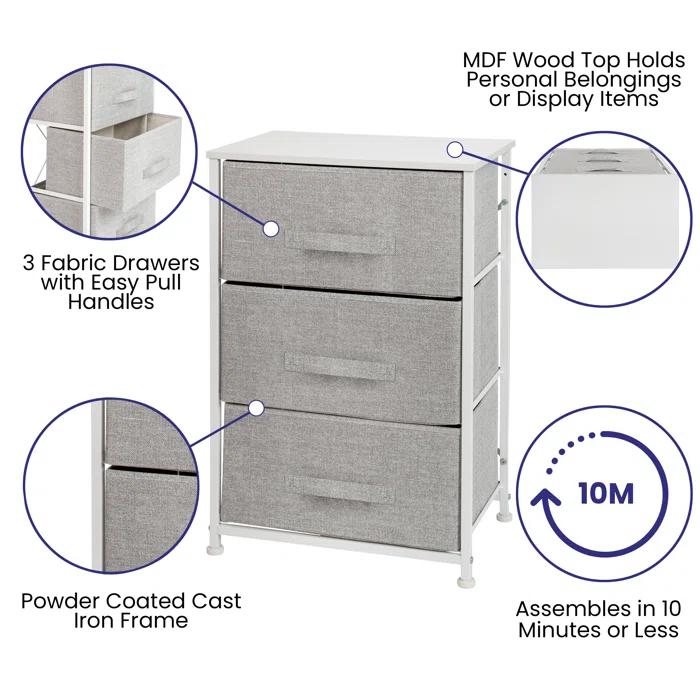 Flash Furniture Malone 3 Drawer Vertical Storage Dresser with Wood Top & Fabric Pull Drawers