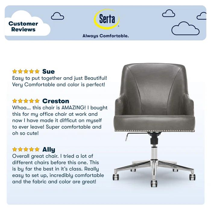 Serta Leighton Mid-Back Office Chair with Chrome Nailheads, Memory Foam Cushion, Padded Armrests