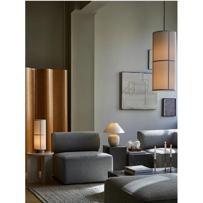 Bronzed Brass Drum Pendant Light with Raw Fabric Shade