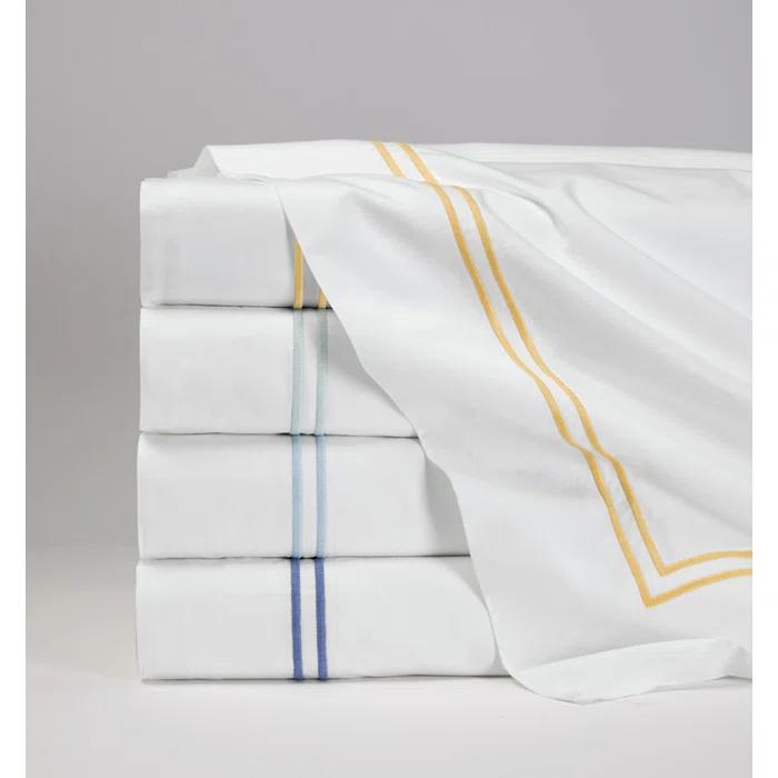Twin White and Cornflower Blue Egyptian Cotton Embroidered Flat Sheet