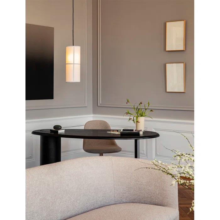 Bronzed Brass Drum Pendant Light with Raw Fabric Shade