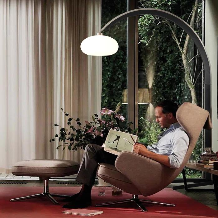 Nova of California Vaulted Arc Floor Lamp by Peter Morelli - 86", 1968 design, Black Wood, Satin Nickel, Dimmer Switch, V-base