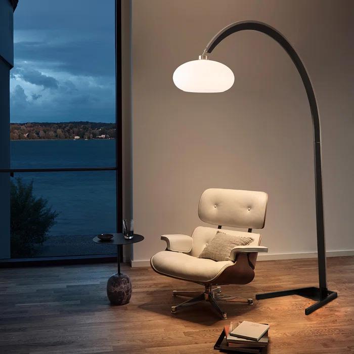 Nova of California Vaulted Arc Floor Lamp by Peter Morelli - 86", 1968 design, Black Wood, Satin Nickel, Dimmer Switch, V-base