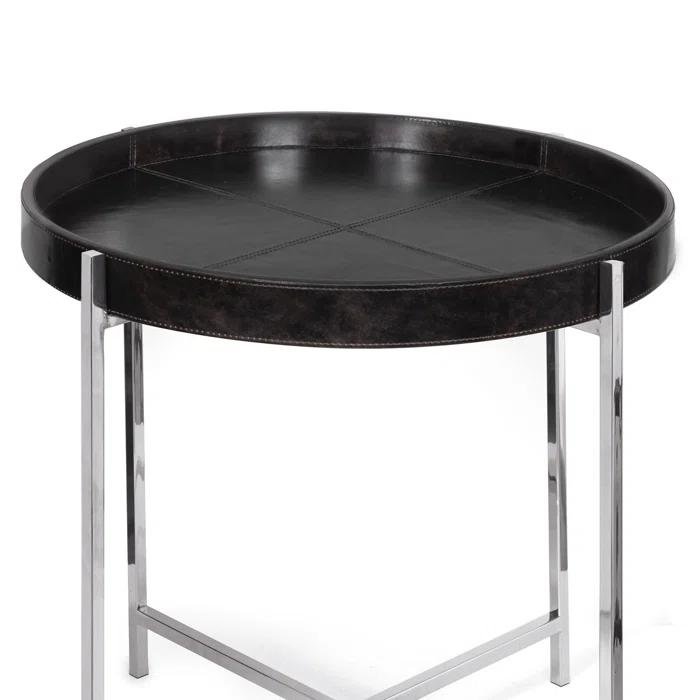 Small Black Round Metal Side Table with Polished Nickel Frame