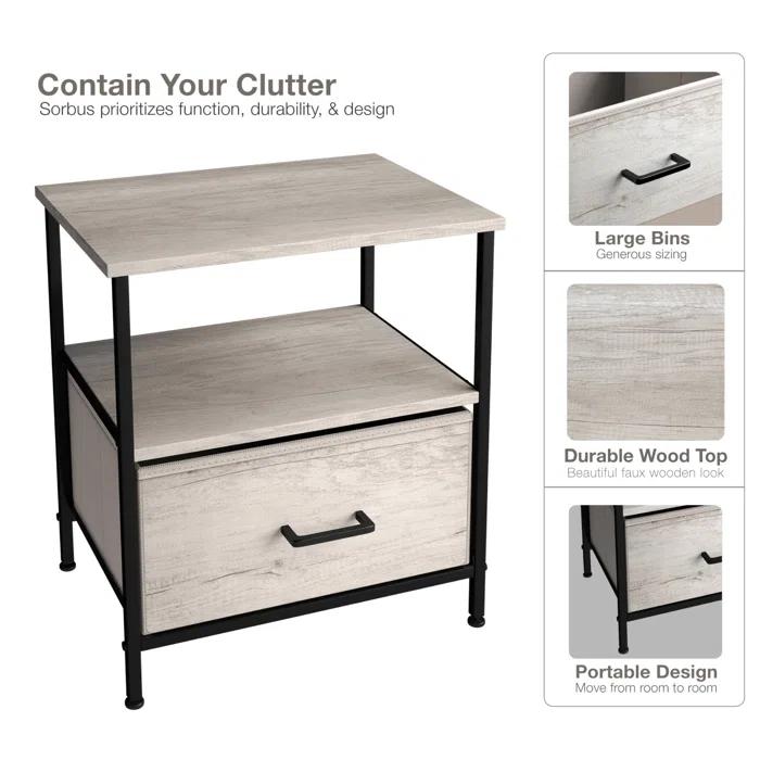 Sorbus Sorbus 1 Drawer and Shelves Nightstand with Steel Frame, Wood Top & Fabric Bins