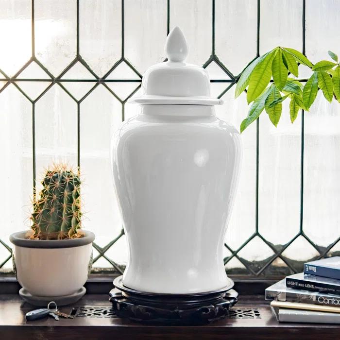 24" Floral Blue & White Porcelain Temple Jar