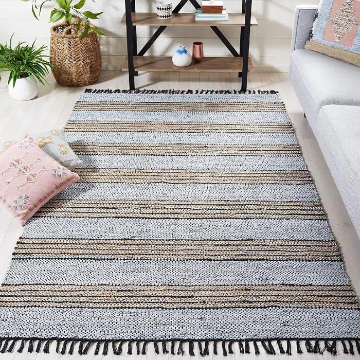 Vintage Leather Hand Woven 70% Leather, 25% Jute, And 10% Cotton Striped Rug