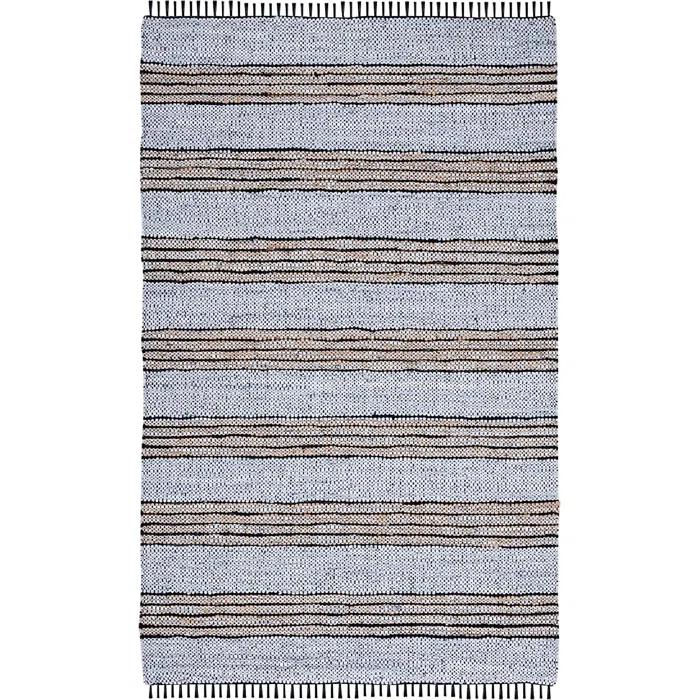 Vintage Leather Hand Woven 70% Leather, 25% Jute, And 10% Cotton Striped Rug