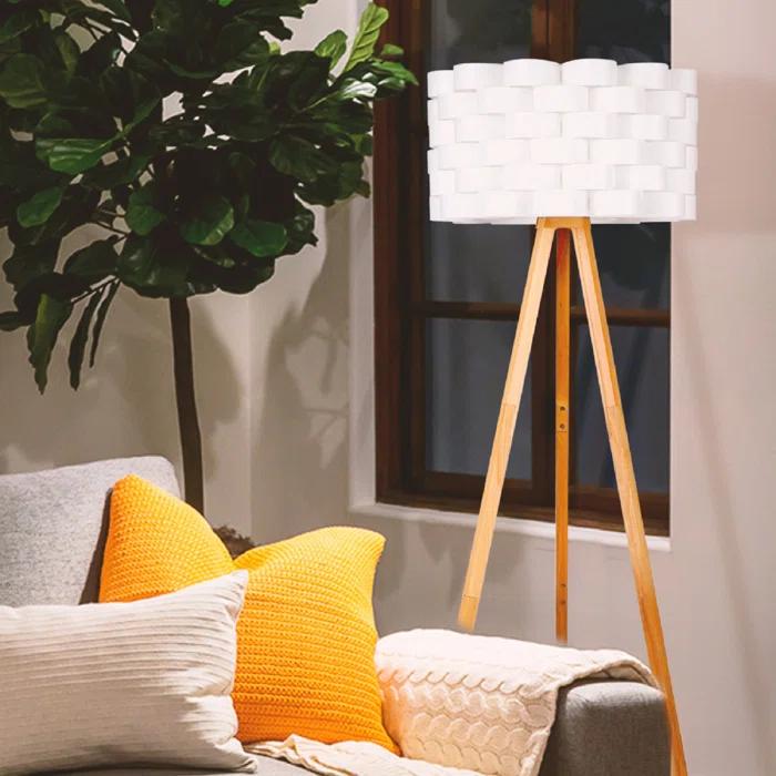 Brightech Bijou 60 in. Wood Farmhouse LED Floor Lamp with Drum Shade