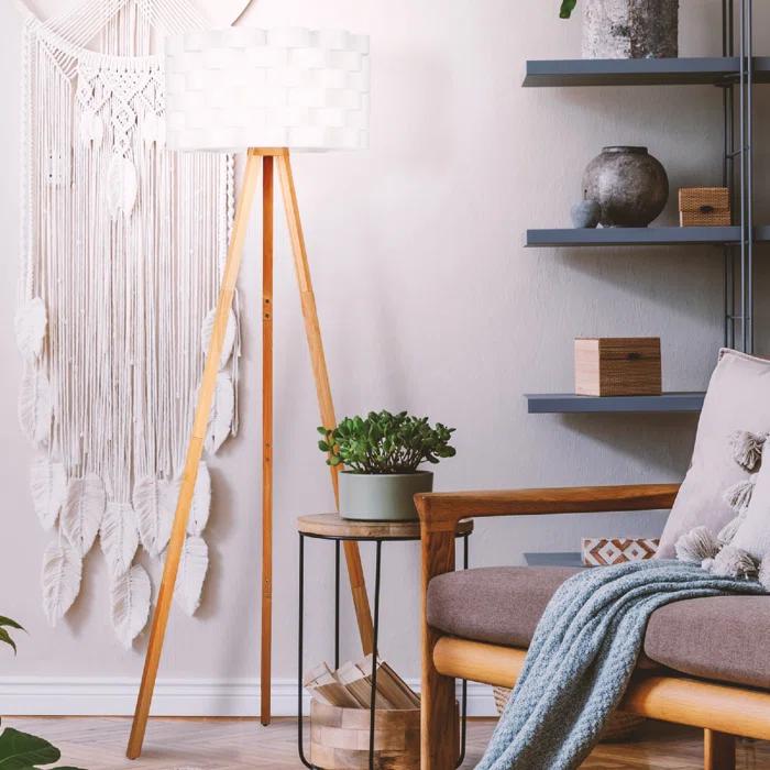 Brightech Bijou 60 in. Wood Farmhouse LED Floor Lamp with Drum Shade