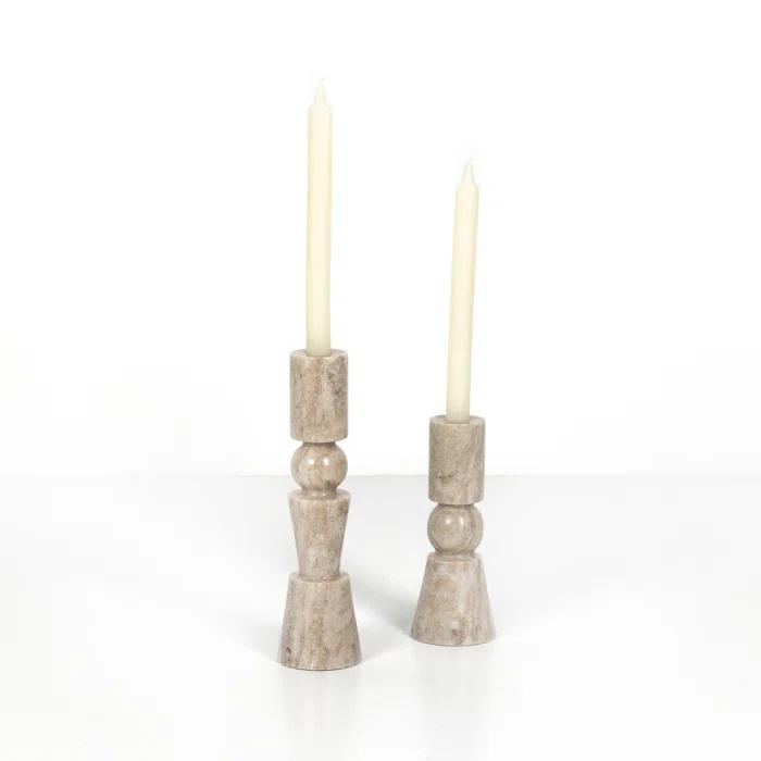 Marlow Creamy Taupe Solid Marble 12" Candlestick