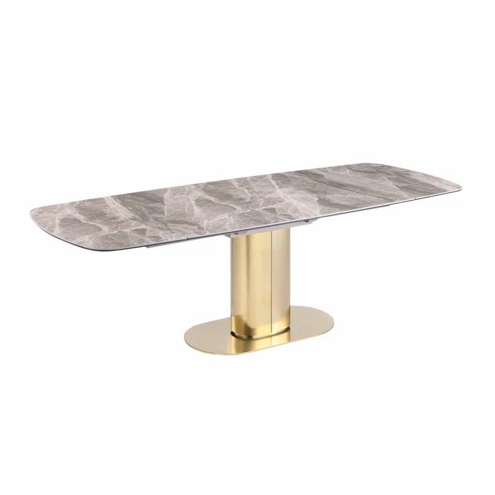 Dining Set w/ Extendable Marbleized Ceramic Table & 2Tone Chairs w/ Golden Accents