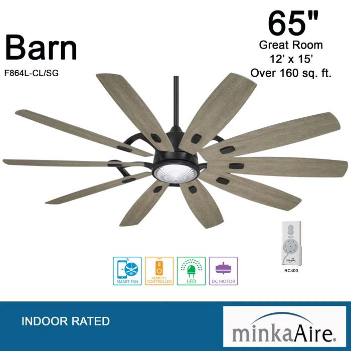 65" 10 - Blade LED Standard Ceiling Fan with Remote Control and Light Kit Included