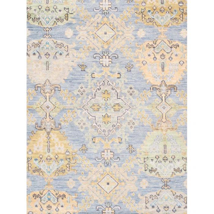 Pasargad Oushak Oriental Hand-Knotted Rectangle 8'1" x 9'9" Wool Area Rug in Blue/Yellow/Black