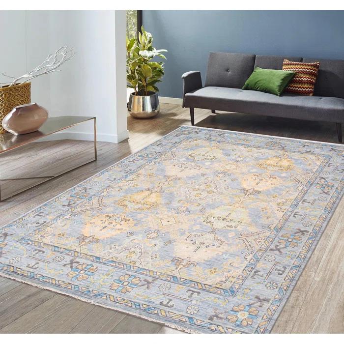 Pasargad Oushak Oriental Hand-Knotted Rectangle 8'1" x 9'9" Wool Area Rug in Blue/Yellow/Black