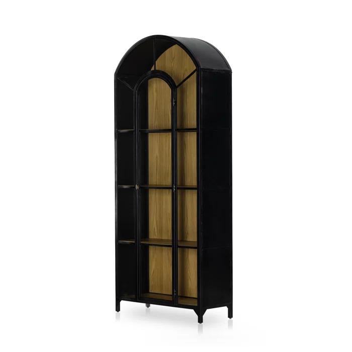 Tall Black Iron and Oak Arched Bookcase Cabinet