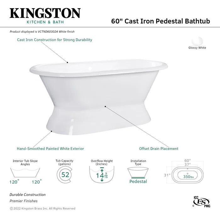 Kingston Brass VCTND603024 Kingston Brass Aqua Eden 60-Inch Cast Iron Oval Double Ended Pedestal Tub (No Faucet Drillings)